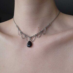 Victorian gothic onyx teardrop necklace with draped silver chains